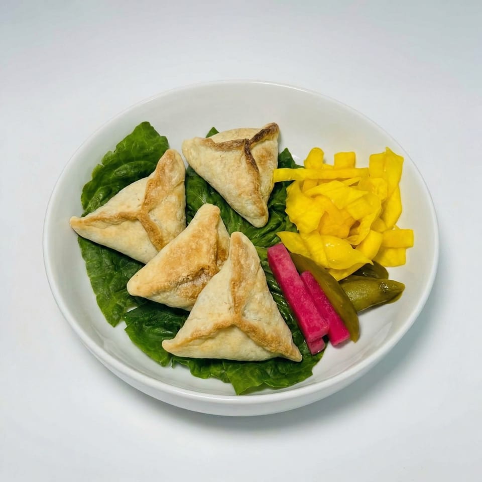 Four savory pastries on lettuce with yellow, pink, and green pickled vegetables in a white bowl.