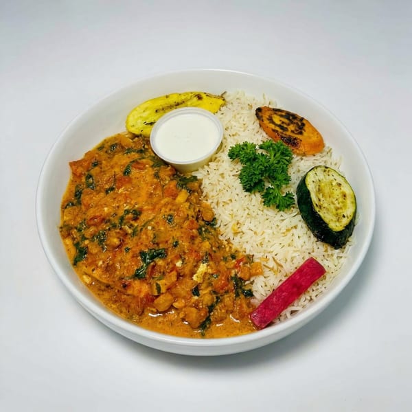 A white bowl filled with rice, a chickpea and spinach curry, grilled vegetables, and a side of sauce.