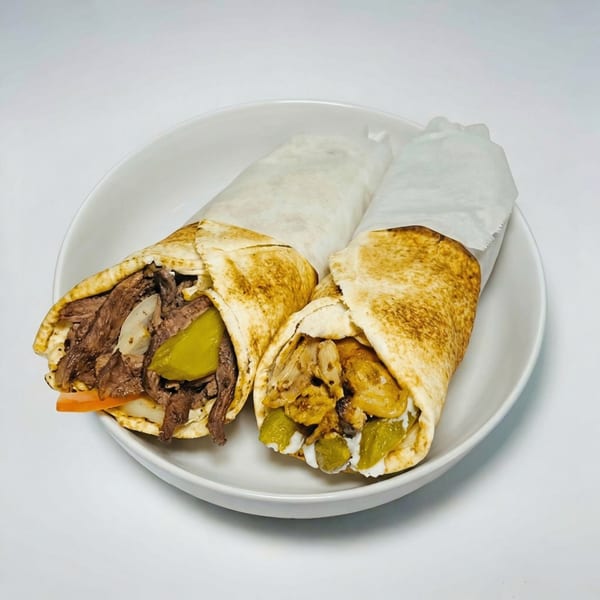 Two shawarma wraps, one beef and one chicken, with pickles and sauce on a white plate.