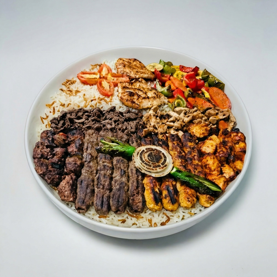 A large platter of rice topped with grilled chicken, beef, vegetables, and tomatoes.