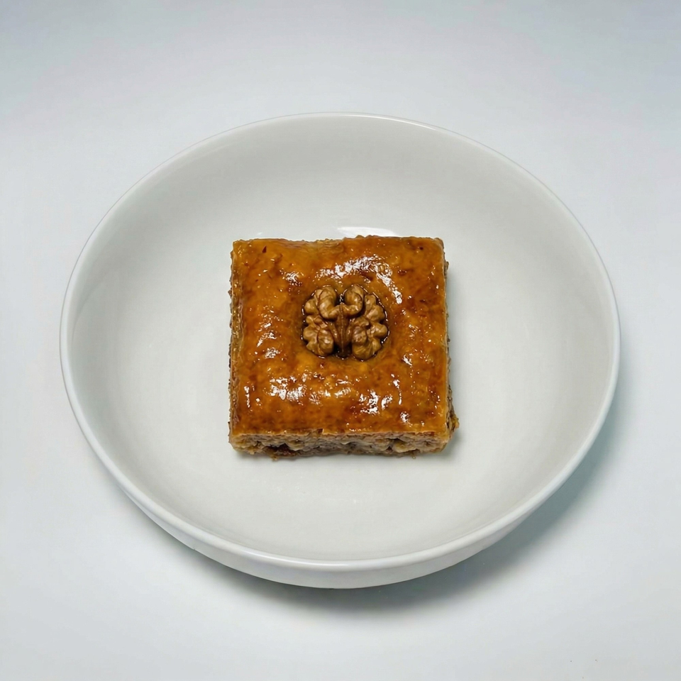 A single square piece of baklava, topped with a walnut, sits in a white bowl.
