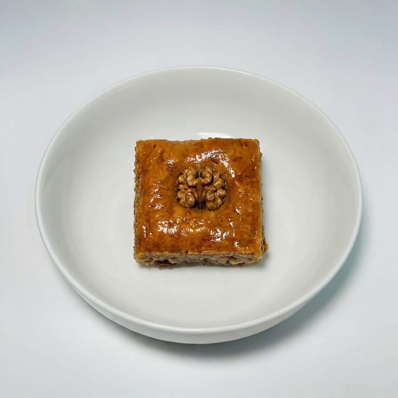A single square piece of baklava, topped with a walnut, sits in a white bowl.